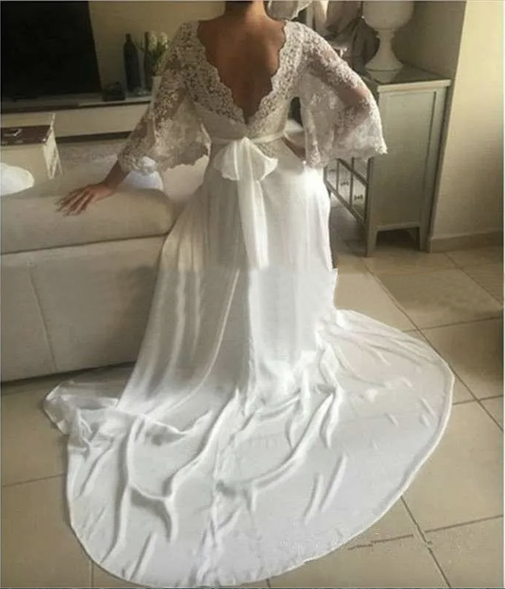 Bohemian Wedding Dresses Illusion Lace Bridal Gown Backless Long Sleeve Deep V Neck Wedding Gowns Boho Chiffon Plus Size Beach Bridal Dress