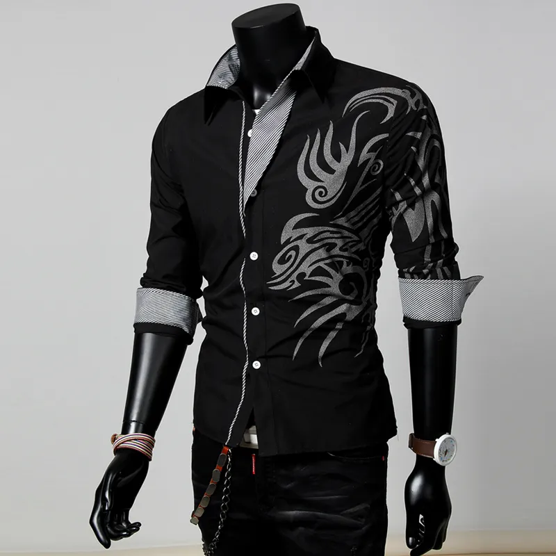 Men Male Fashion Long Sleeve European Style Tattoo Dragon Printed Shirt Silm Fit Shirt 