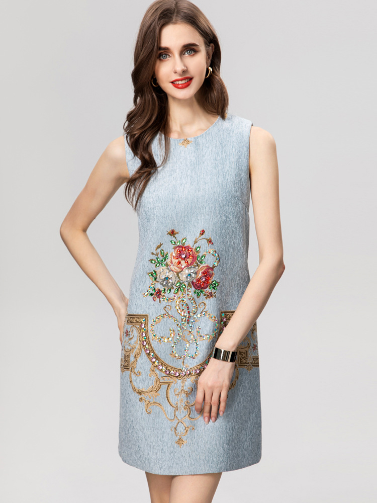 Women's Runway Dresses O Neck Sleeveless Beaded Jacquard Fashion High Street Casual Designer Vestidos