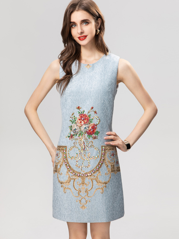 Women's Runway Dresses O Neck Sleeveless Beaded Jacquard Fashion High Street Casual Designer Vestidos