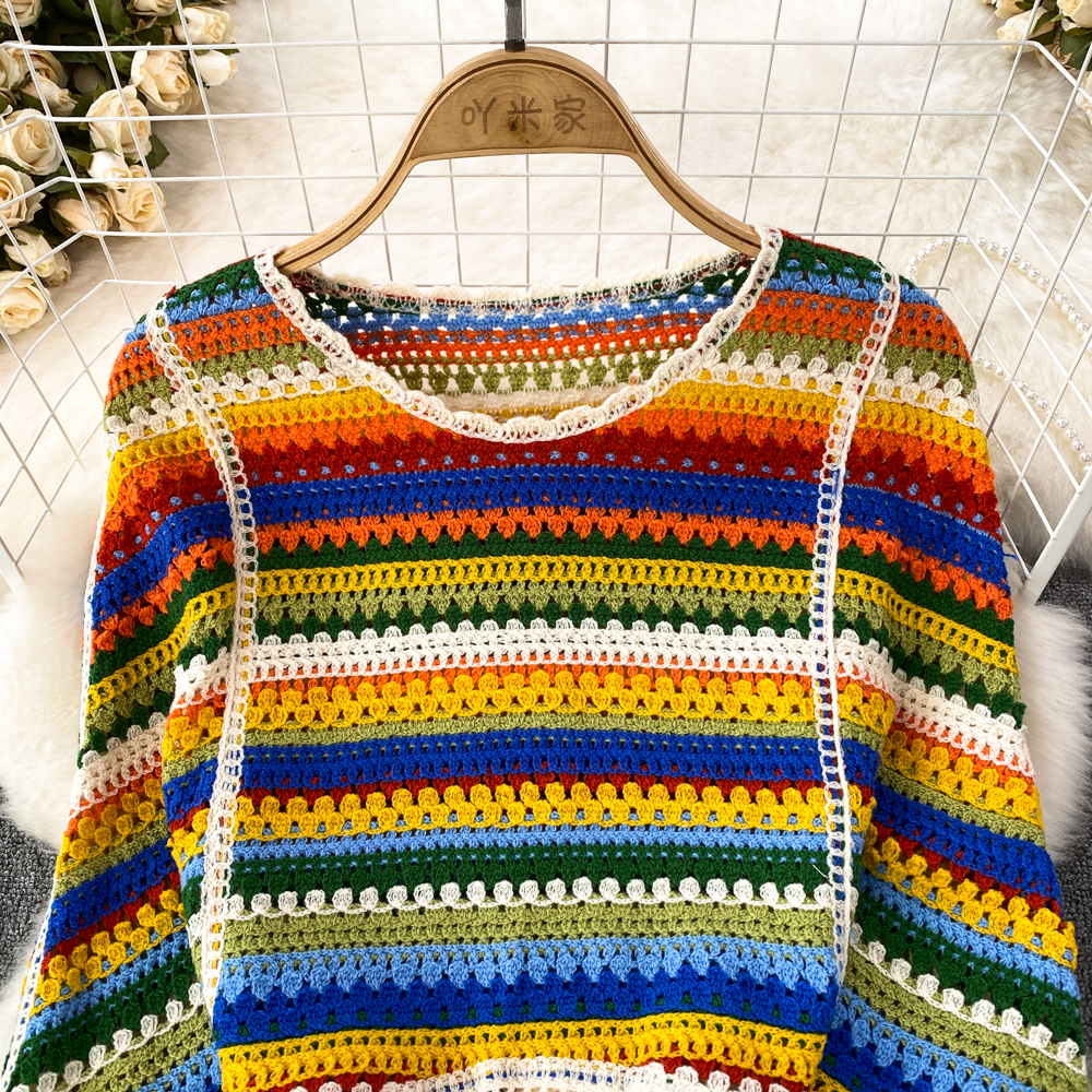 Retro Rainbow Striped Crocheted Hollow Lantern Long Sleeve Fringe Knitwear