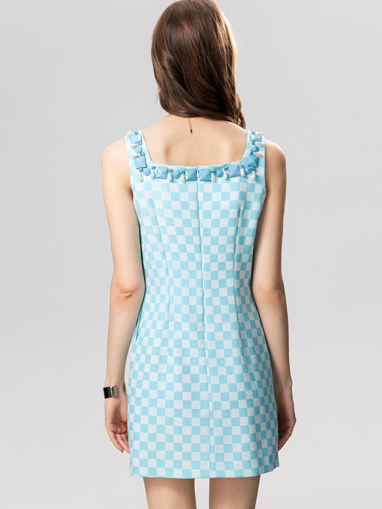Women's Runway Dresses Square Neckline Sleeveless Beaded Plaid Printed Fashion Short Casual Vestidos