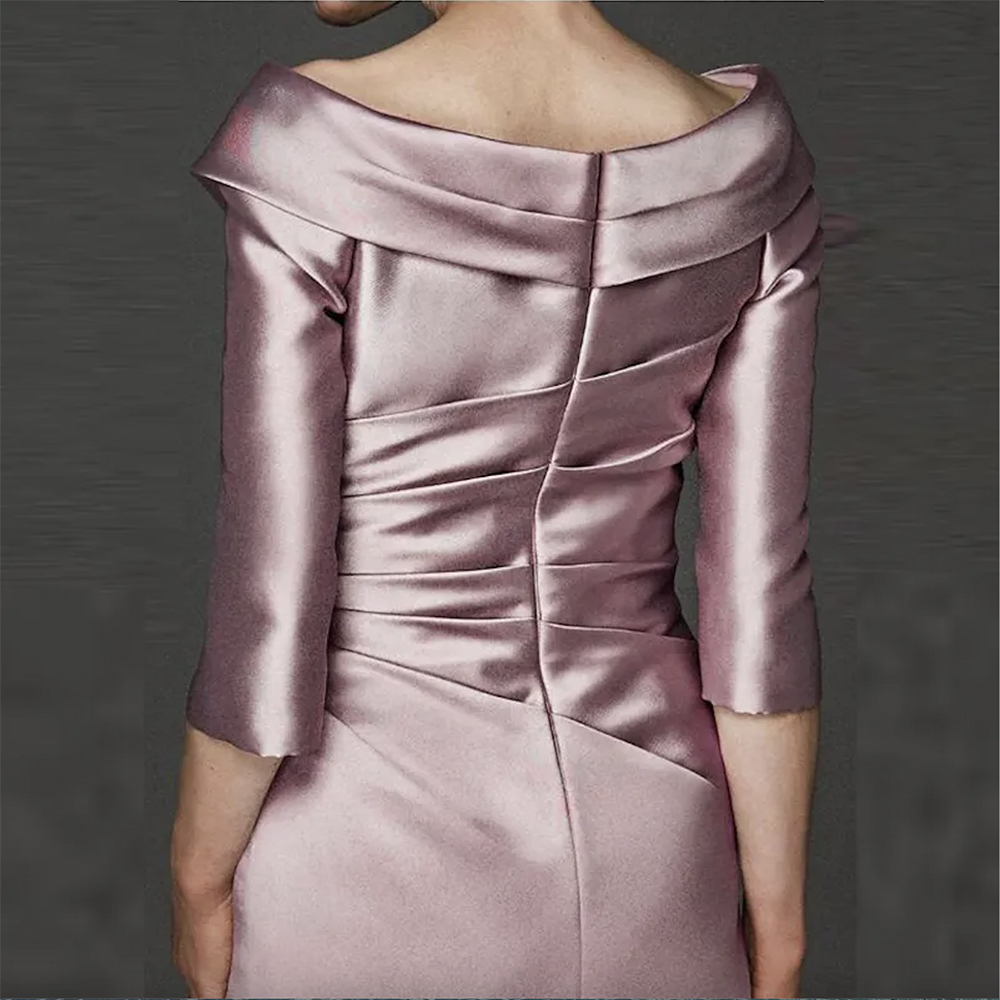 Simple Modern Sheath Lilac Satin Plunge V Neckline Mother Dresses Knee Length Mother of the Groom Gowns Three Quarter Sleeve