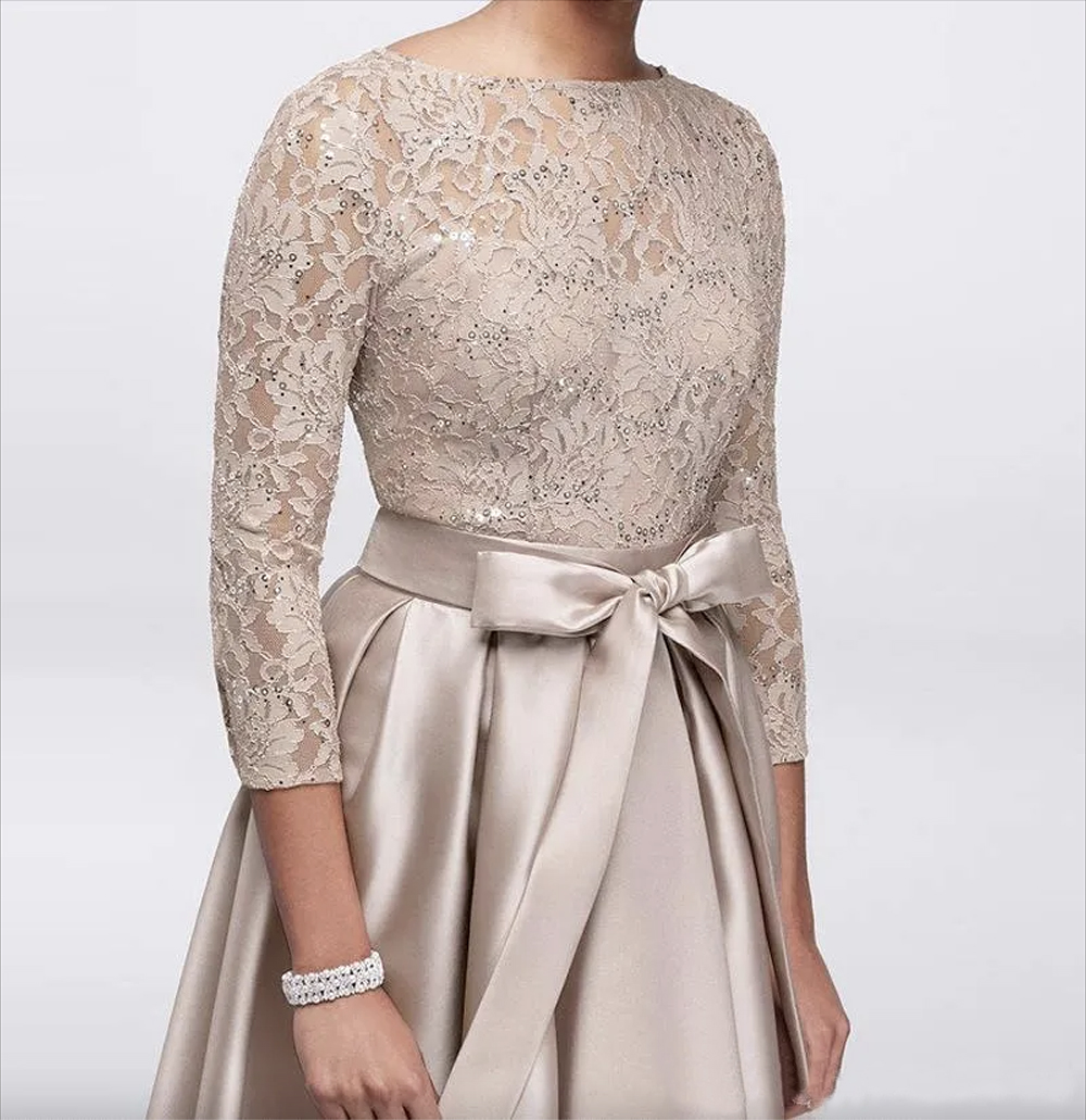 Champagne Lace Plus Size Mother of The Bride Dresses Long Sleeves Satin High Low Sashes Mother of Groom Gowns