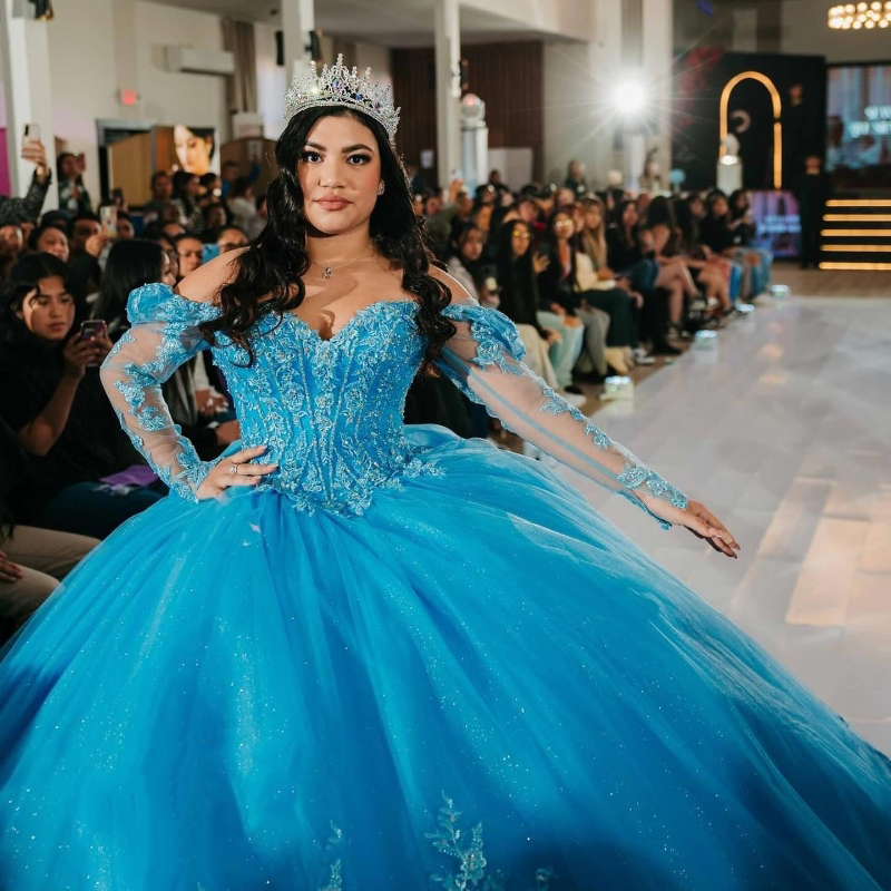 Aqua azul brilhante princesa quinceanera vestidos de baile fora do ombro apliques rendas tull espartilho doce 15 vestidos de xv anos