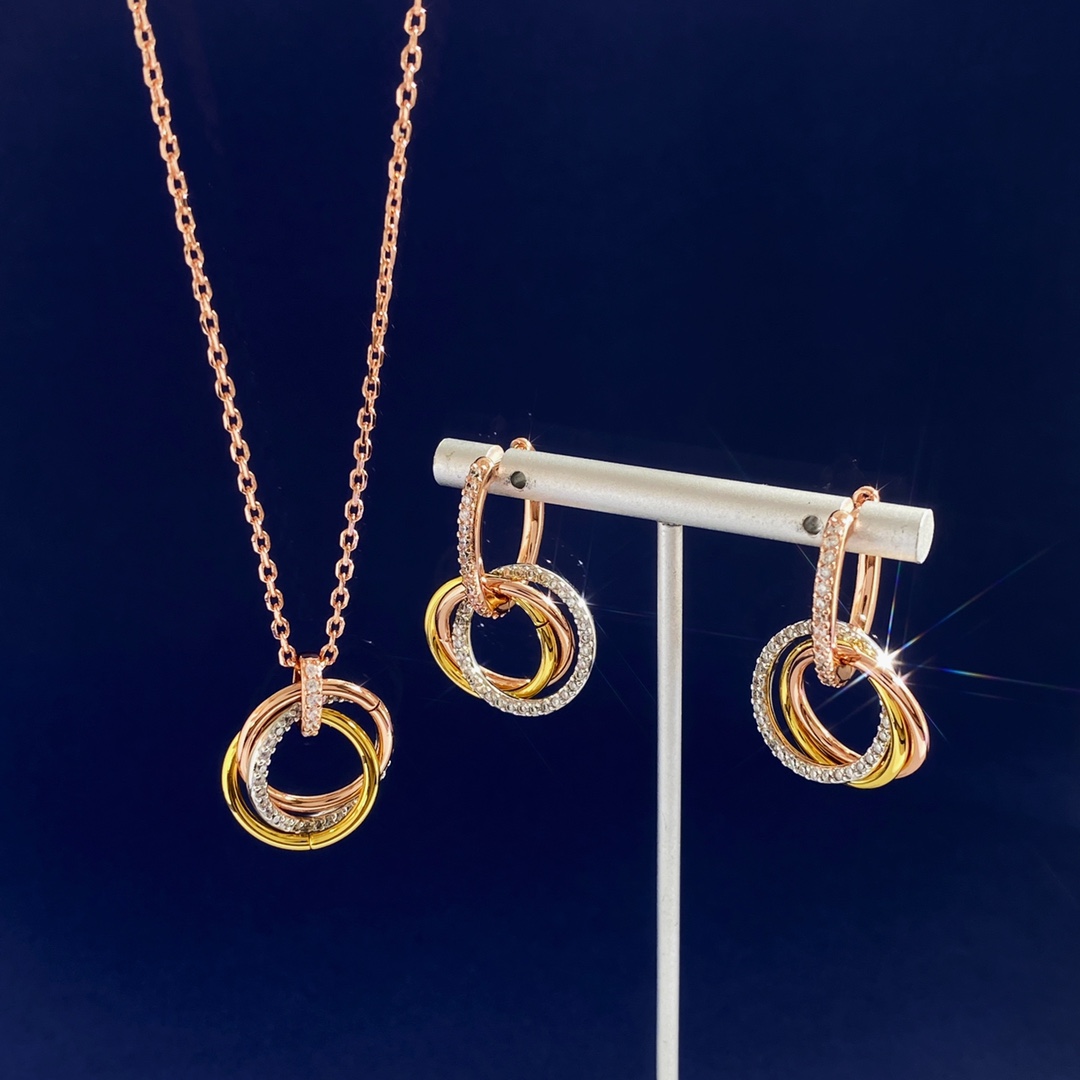 Moda nuevo diseño anillos triples tres colores colgante collar dimonds completo pendiente joyería de diseño T0222