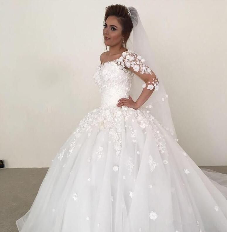2024 Vintage Ball Gown Wedding Dresses Off Shoulder Lace Appliques Hand Made Flowers Long Sleeves Organza Sweep Train Formal Plus Size Bridal Gowns