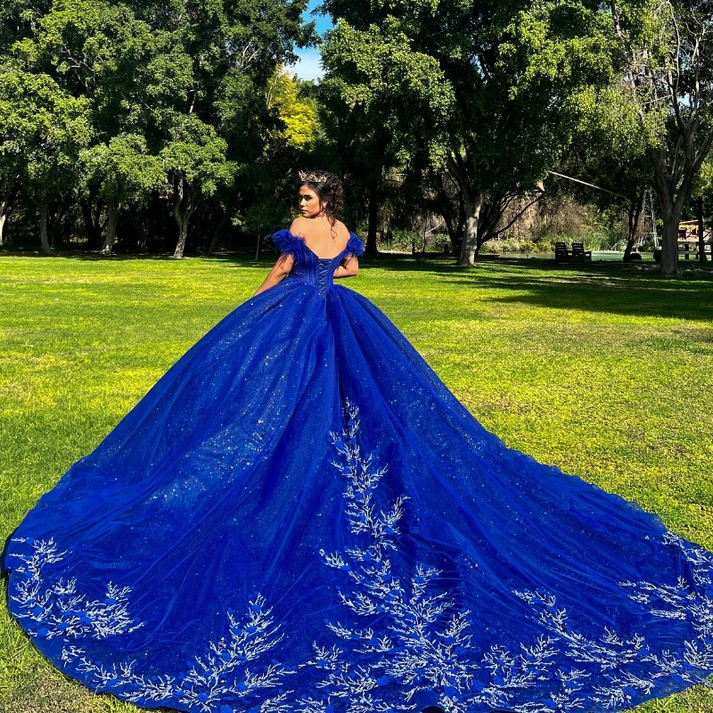 Azul brilhante fora do ombro vestido de baile de cristal vestidos quinceanera apliques de lantejoulas contas de renda doce 16 vestidos de 15 anos