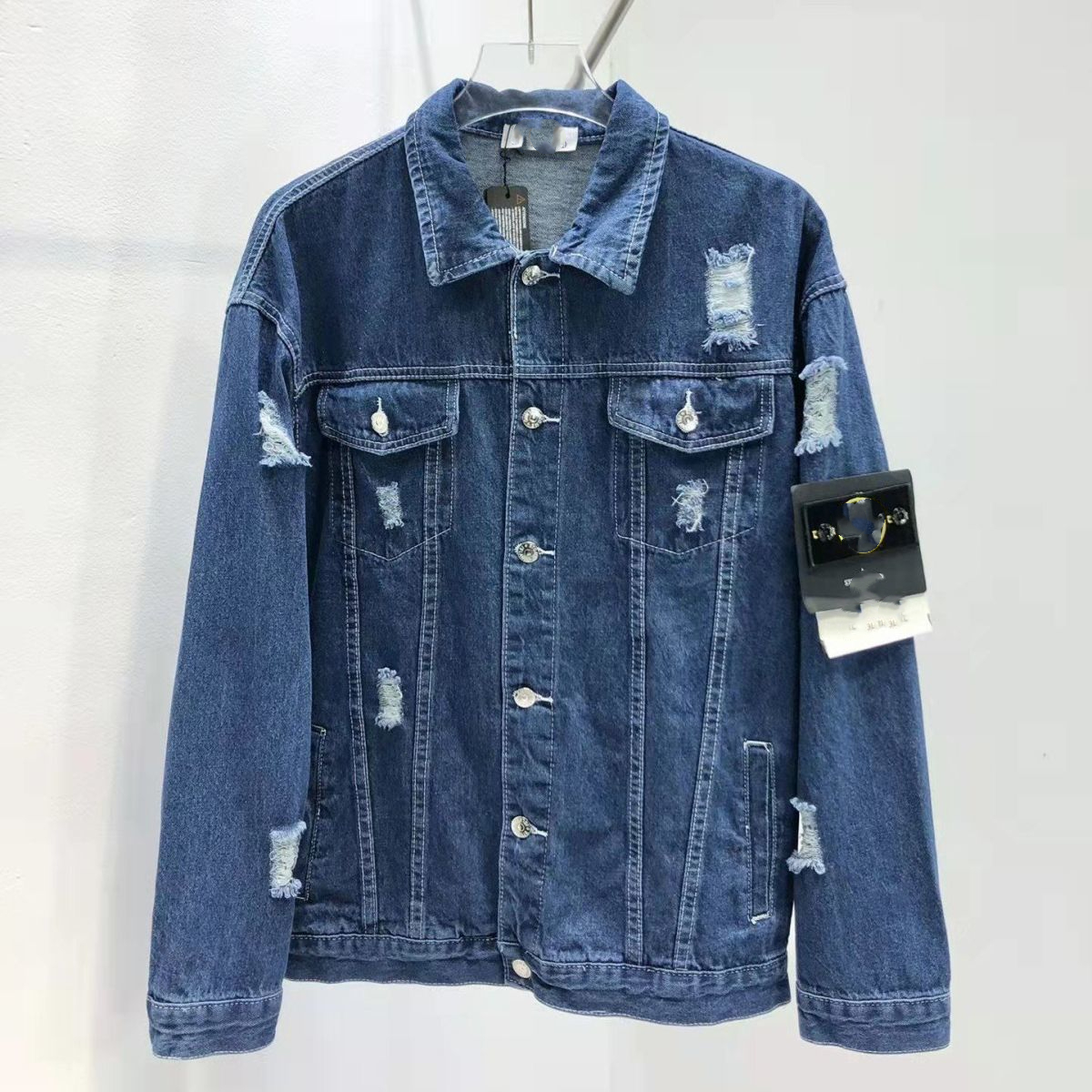 designer denim jacket high-quality stone jackets heavy-duty perforated, detachable shoulder badge hooded denim work blazer neutral casual island fashion top waist