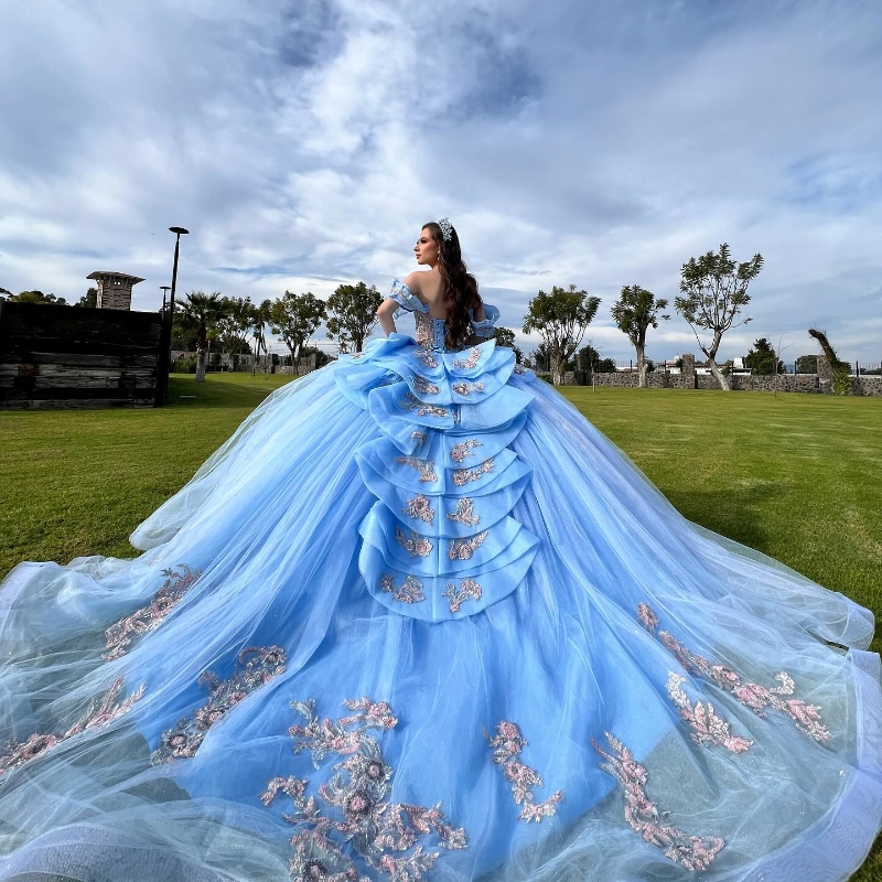 Небесно-голубое платье Quinceanera, бальное платье с аппликацией, кружевное платье из тюля с бусинами, платье для выпускного вечера Sweet 15 16, вечерние платья на день рождения 15 лет, принцесса мисс