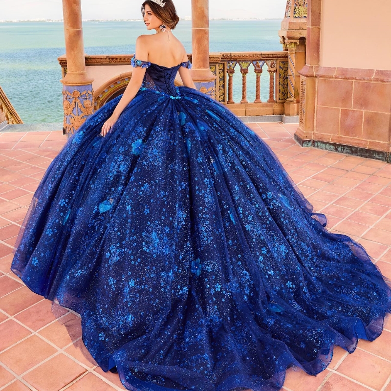 Blauw Glanzend Quinceanera Jurken Tule Kralen Uit De Schouder Feestjurk Applicaties Lace Up Hof Trein Gala Baljurk vestidos de 15