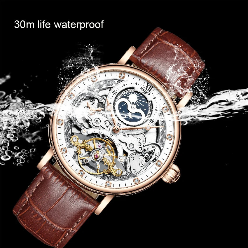 Kinyued fase da lua relógio mecânico automático masculino 3bar à prova dwaterproof água dupla fuso horário display casual pulseiras homem relógio relogio 240202