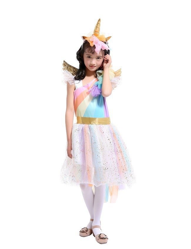 Novos trajes de desempenho para meninas vestidos de unicórnio vestidos de desempenho de palco arco-íris vestidos de princesa