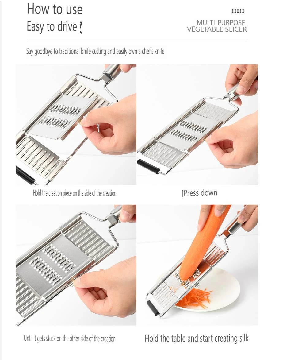 Rostfritt stål Vegetabilisk skärare Multifunktion Vegetabilisk skärare Fruktpotatisskalare Morot Grater Shredder Kitchen Accesso 240131