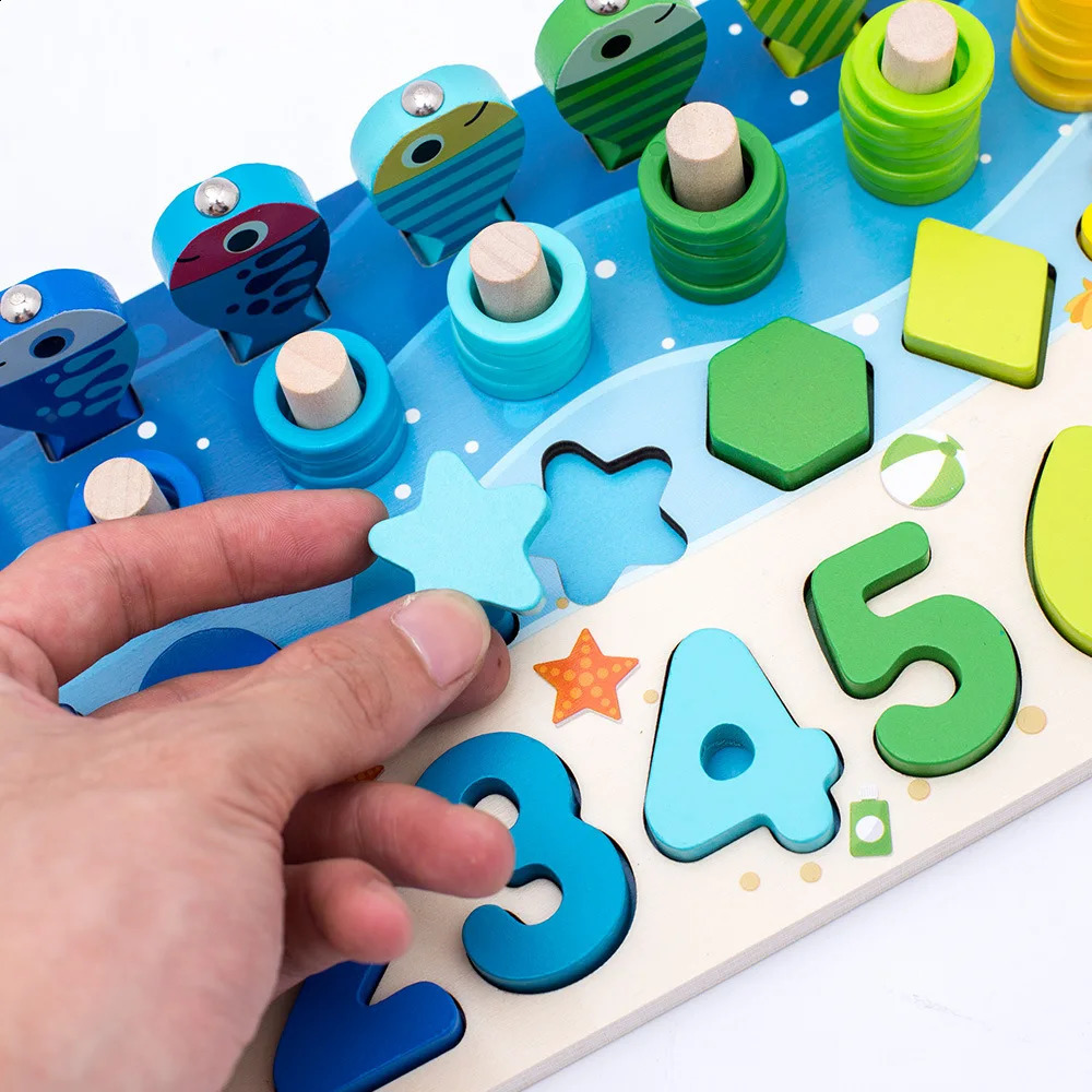 Kids Montessori Toys de matemática para crianças educacionais Educational Wooden Puzzle Fishing Toys Number Shape Matching Games Board Board Toy Presente 240118