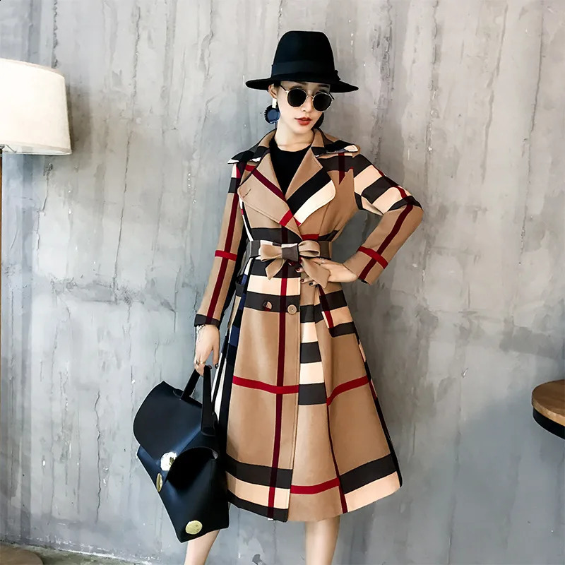 American Women's Autumn and Winter Plaid Lapel Mid Length Color Matching Retro Trench Coat Long Sleeve Coat Windbreaker 240129