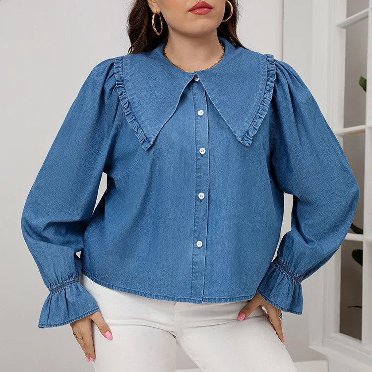 Camicetta da donna taglie forti Blu monopetto colletto da bambola Cardigan in denim Moda casual Camicie con maniche a lanterna femminile di grandi dimensioni 240202