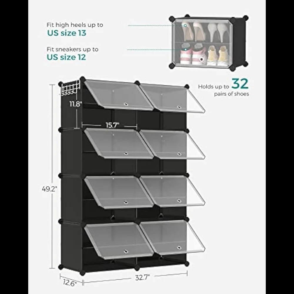 SONGMICS Schoenenrek 8 Cubes Organizer met Deuren 32 Paar Plastic Opbergkast voor Slaapkamer Hal Stalen Frame 240130