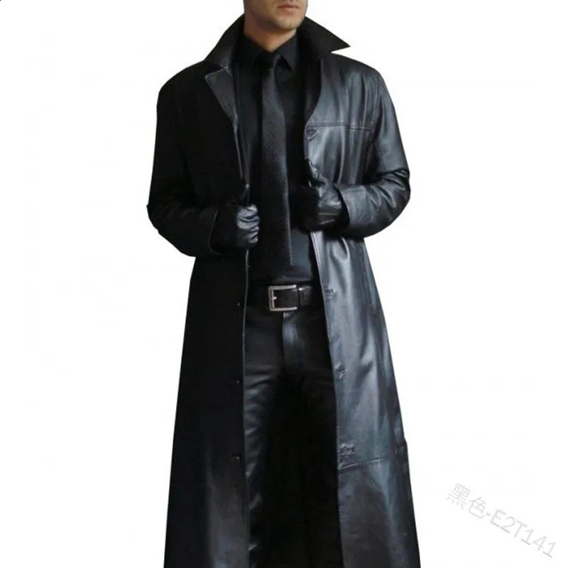 Wepbel Men Faux Leather Trench Fashion Long Sleeve Autumn Windbreaker Coatスリムレザーロングレザージャケットメンズジャケットアウトウェア240119