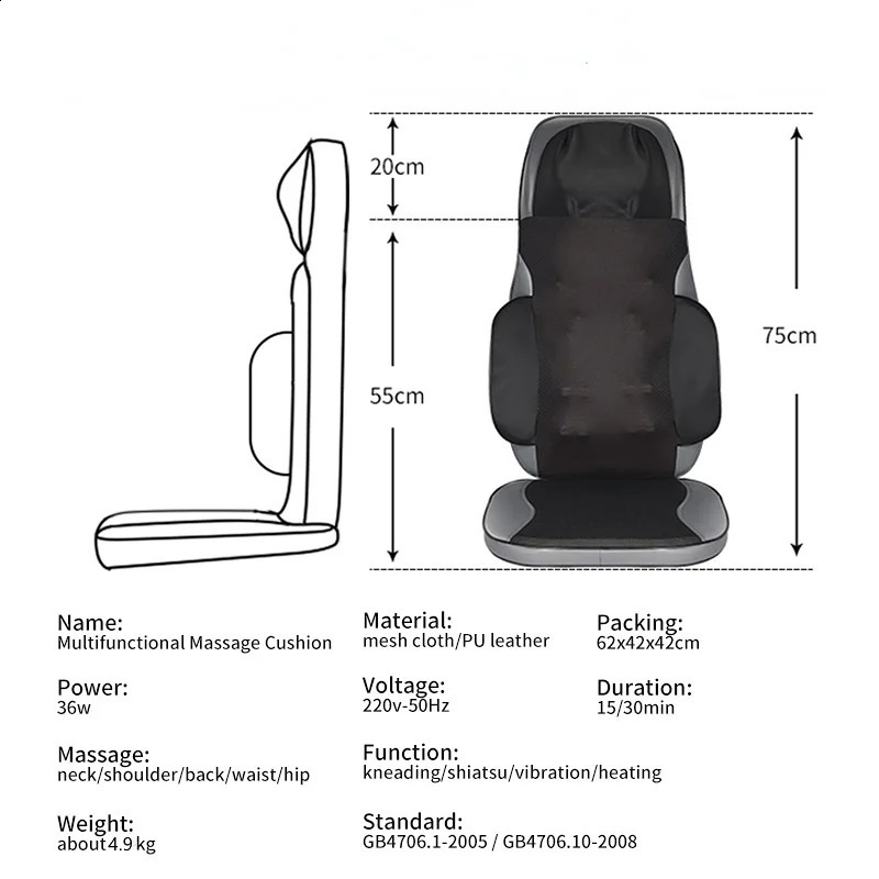 Almofada elétrica de massagem de corpo inteiro montada em veículo, cadeira, assento, calor, shiatsu, amassamento profundo, vibração, massageador de costas para casa 240119