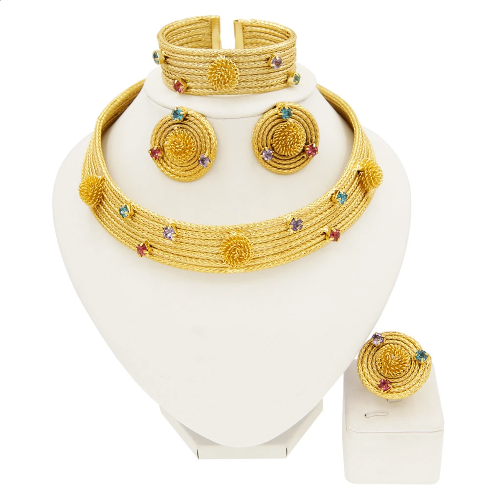 SYHOL 24K Original Women Luxury Jewelry Set Colorful Rhinestone Gold Plated Necklace Classic Choker Style Wedding Banquet 240130