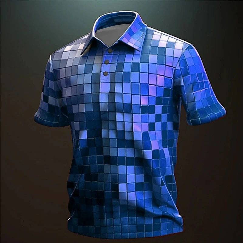 男性用の面白いTシャツ格子縞の印刷夏のボタン半袖ポロシャツ特大ゴルフシャツファッションストリートY2K衣類240124