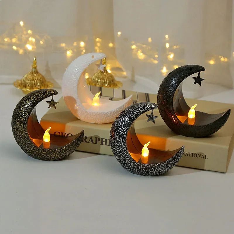 Eid Mubarak Led Candlestick Middle Eastern Festivals Crescent Moon Star Candle Lamp Ramadan Kareem Happy Party Decor 240122