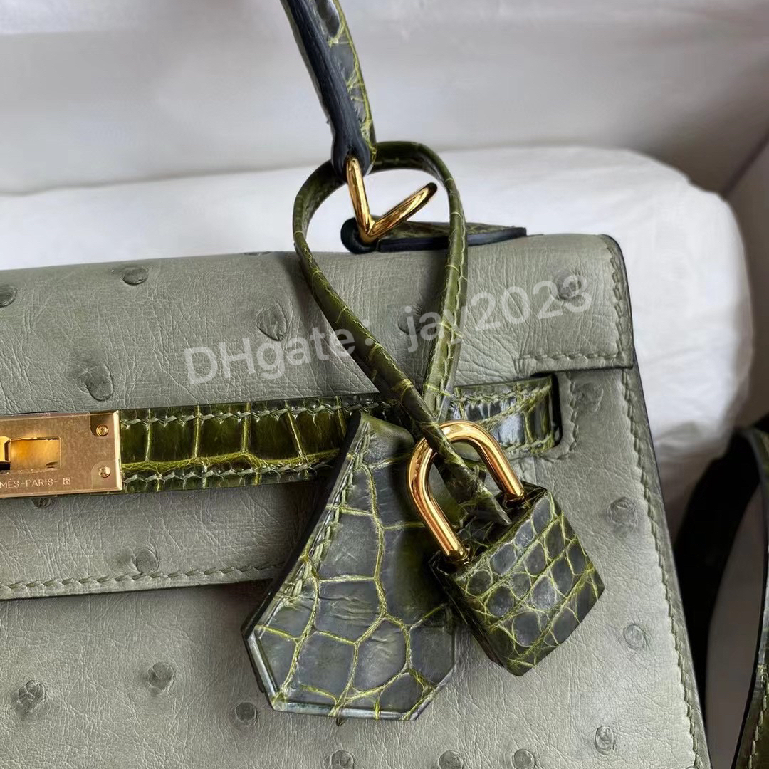 10S Tasche Bag Handtaschen Designer Bag Mode Luxus -Geldbörsen Womens Real Strostrich mit Krokodilhaut Ladies 25 cm mit gestempelter Schal -Schal -Pferd Charme mit Box