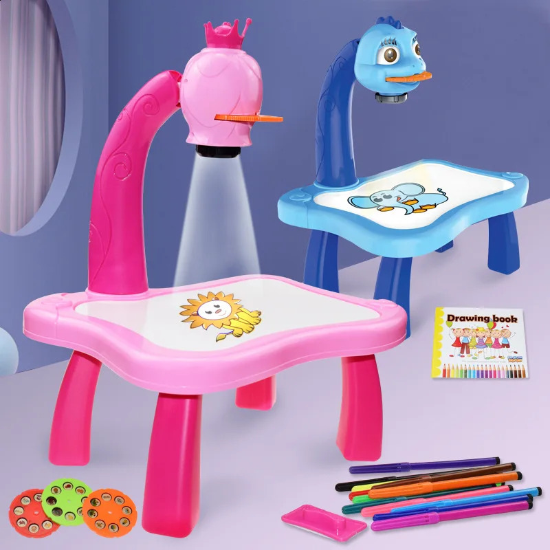 Barnmålningskortleksaker Kids Led Projector Art Drawing Table Desk Arts Toy Early Education Learning Tool for Girl 240131