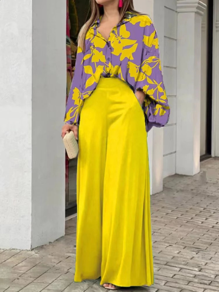 Ochute Kobiety Zestawy biurowe Lapel Button Lantern Sleeve Koszulki Pocket Pocket Suits Spring Summer Modna moda Zestaw 240118