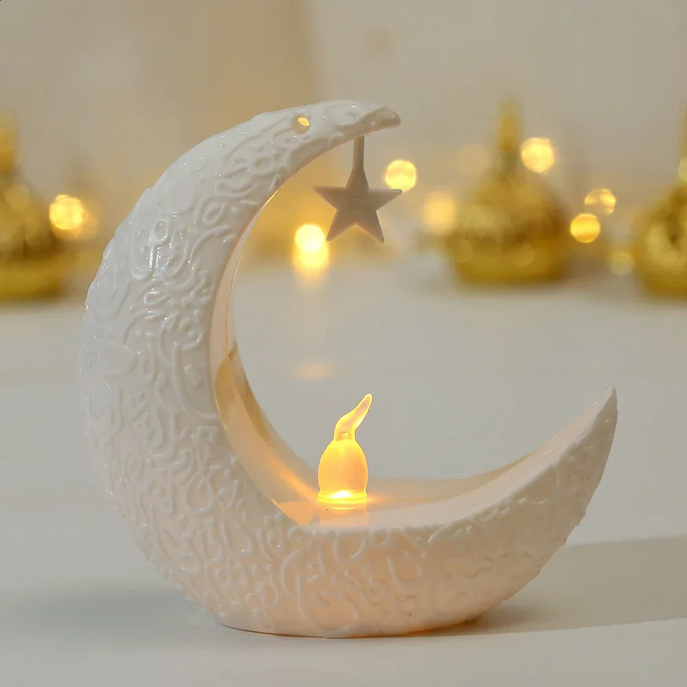 Eid Mubarak Led Candlestick Middle Eastern Festivals Crescent Moon Star Candle Lamp Ramadan Kareem Happy Party Decor 240122