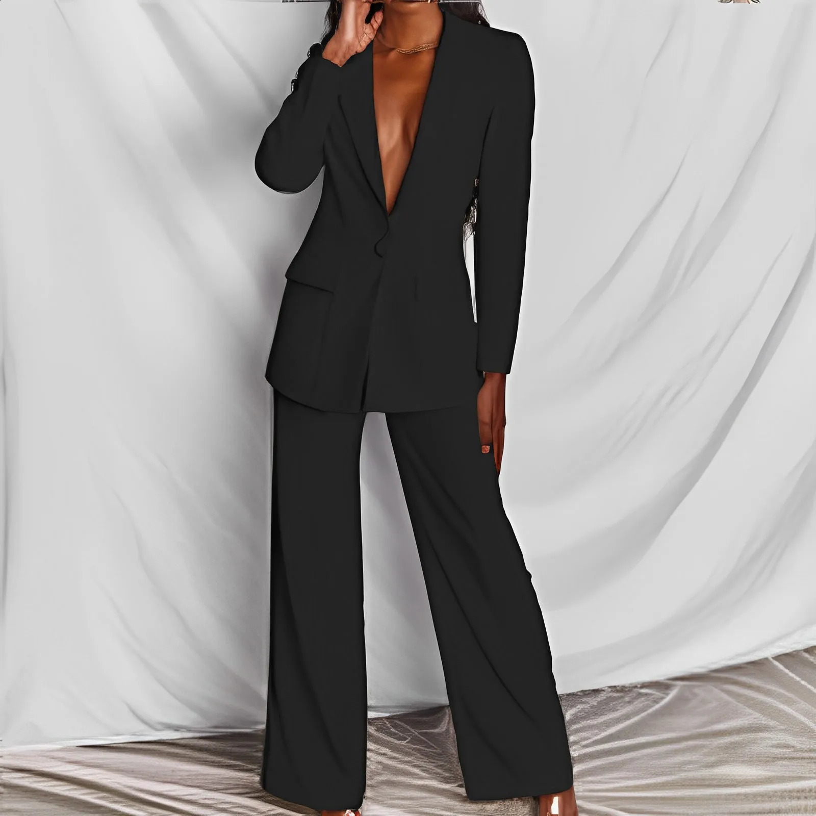 Jocoo Jolee, зимние женские пиджаки, комплект с длинными рукавами и v-образным вырезом, пуговицы, брюки-карандаш, костюм из двух предметов, офисная женская одежда, униформа 240122