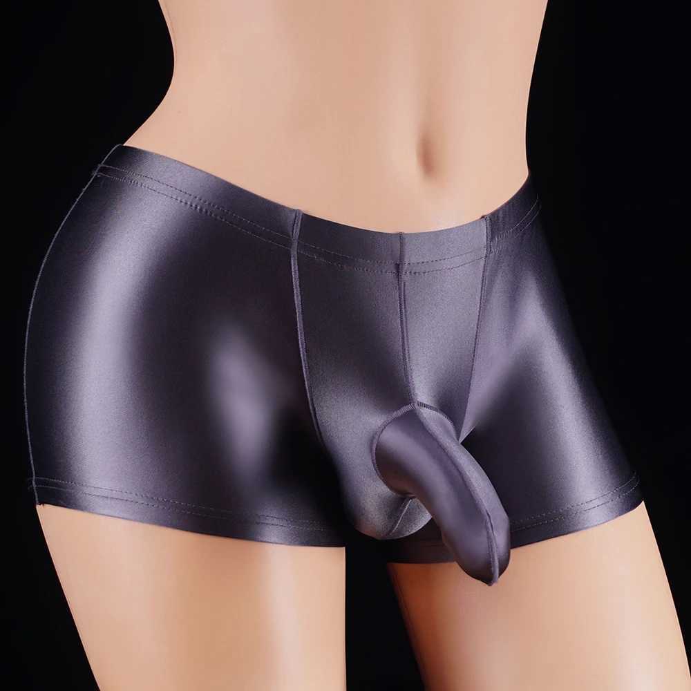 Underbyxor glänsande satin glansig smidig sexig homme gay hombre herr sissy long penis bulge stor påse boxer tätt underkläder män underkläder yq240214