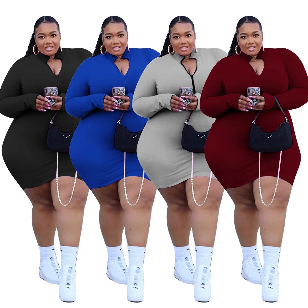 Haoohu plus size vestido sexy outono roupas femininas pit strip sólido manga longa zíper gola estiramento urbano casual grande 5xl 240130