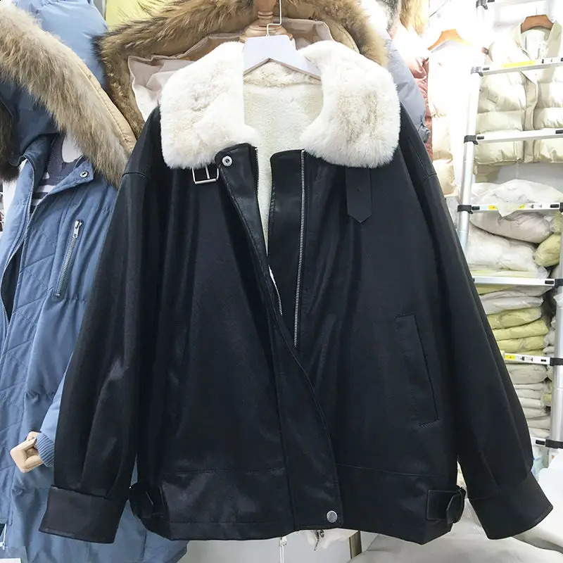 Gmiixder costume de moto veste en cuir PU fourrure intégrée manteau court femmes hiver coréen lâche BF laine d'agneau rembourré Parkas 240130
