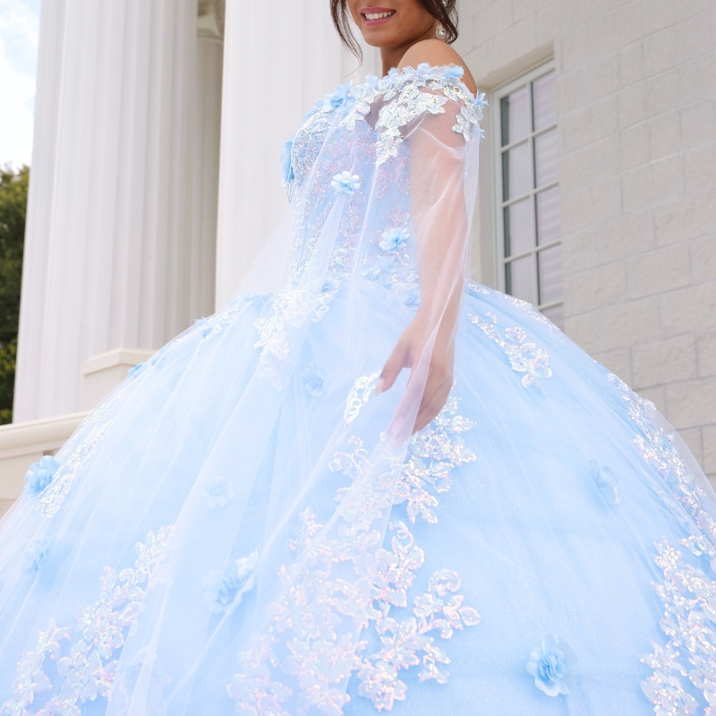 Sky Mavi Luxury Quinceanera Elbise Balo Elbise 3d Çiçekler Aplike Dantel Tull Prom Partisi 16 Kız Tatlı 15 Vestidos De XV Anos