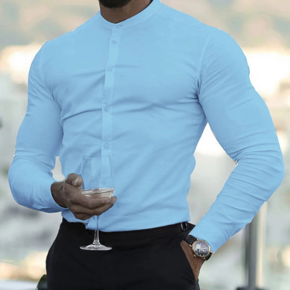 Мужская модная социальная деловая классическая рубашка, однотонная приталенная эластичная блузка с длинным рукавом, повседневная блузка на пуговицах, фитнес-спортивный топ 240126