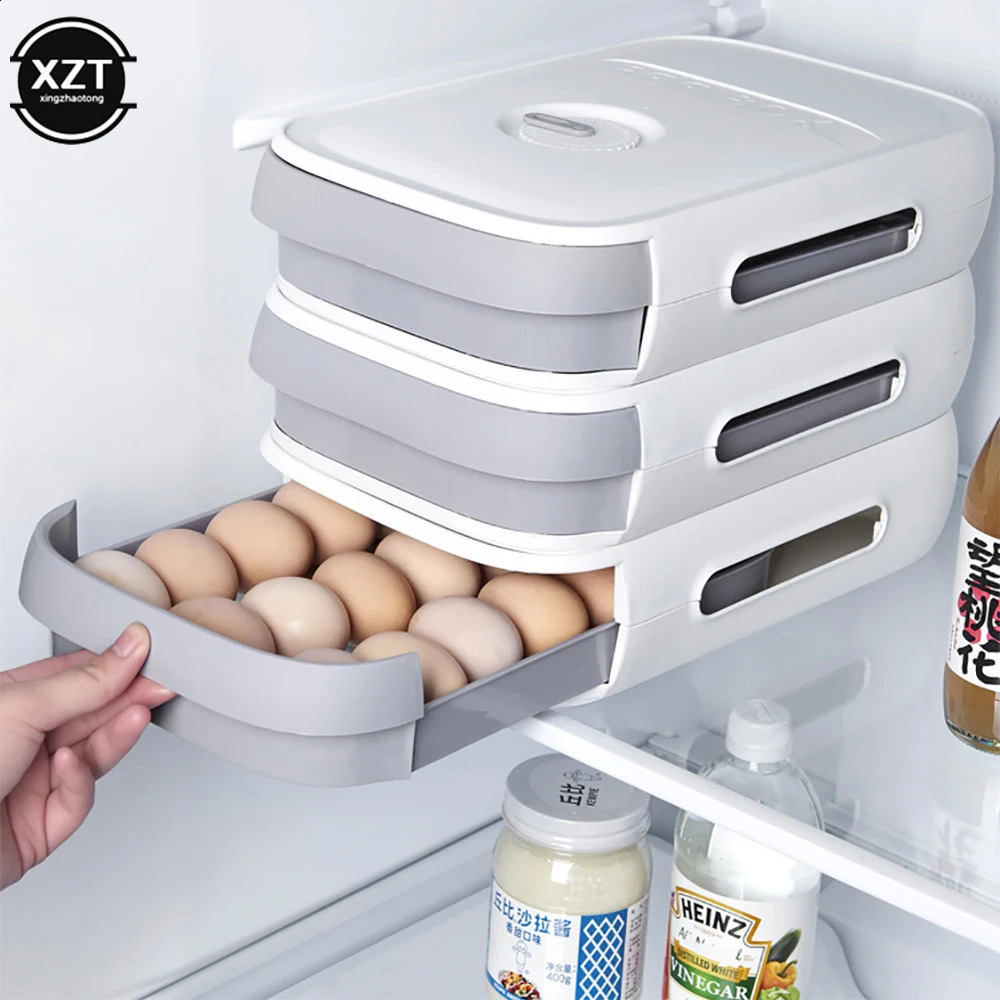 Stackable Egg Holder Storage Box Drawer Automatic Rolling Refrigerator Eggs Organizer Space Saver Container Kitchen 240223