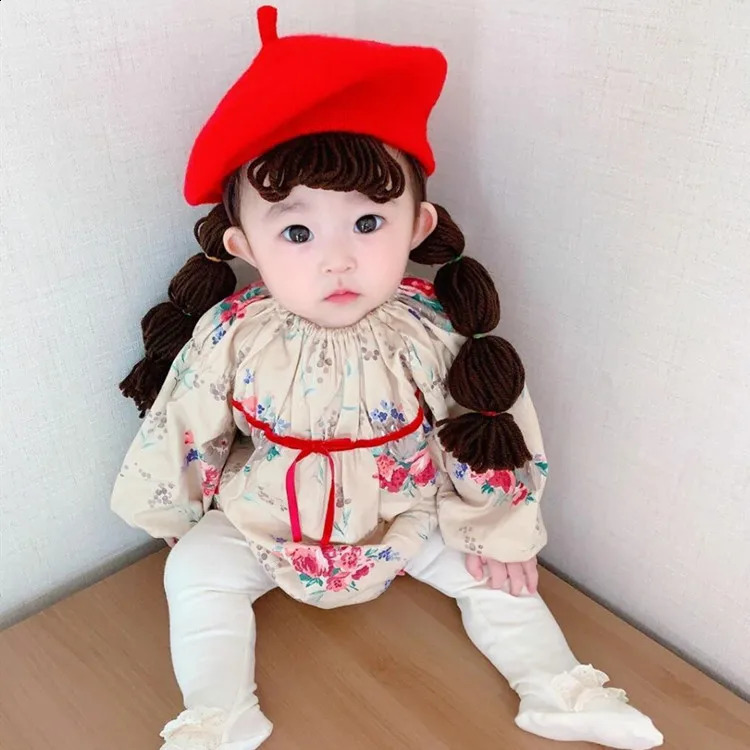 Winter Warm Children Baby Girl Beret Hat Red Woolen Hair Pigtail Braid Wig Cap Fashion Princess Hats Handbands for Kids Girls 240130