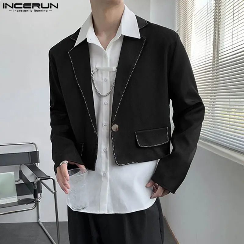 Inderun męskie myszy Patchwork Long Lapel One Button Fashion Cropped Coats Suits Men Streetwear Mężczyzna S5XL 240124