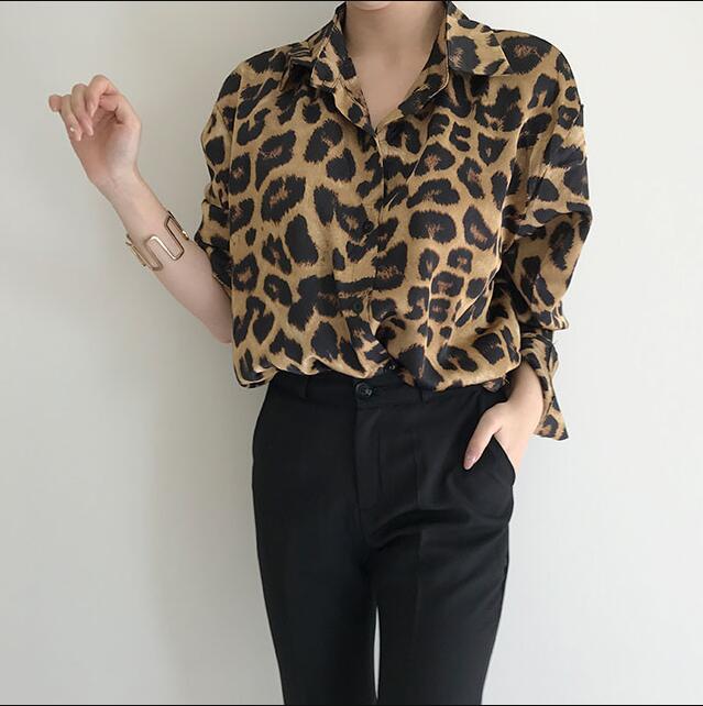 Partihandel Ny mode koreansk stil leopard tryck långärmad skjorta damer casual lös retro blus vår sommar överskjorta storlek s m l xl