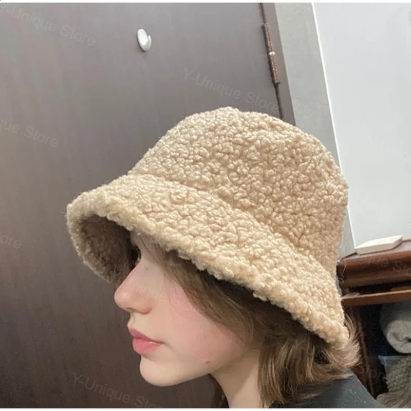 Lamb Wool Bucket Hat Winter Women Thicken Warm Solid Color Basin Caps Korean Fashion Fisherman Hats Unisex Outdoor Accessories 240126