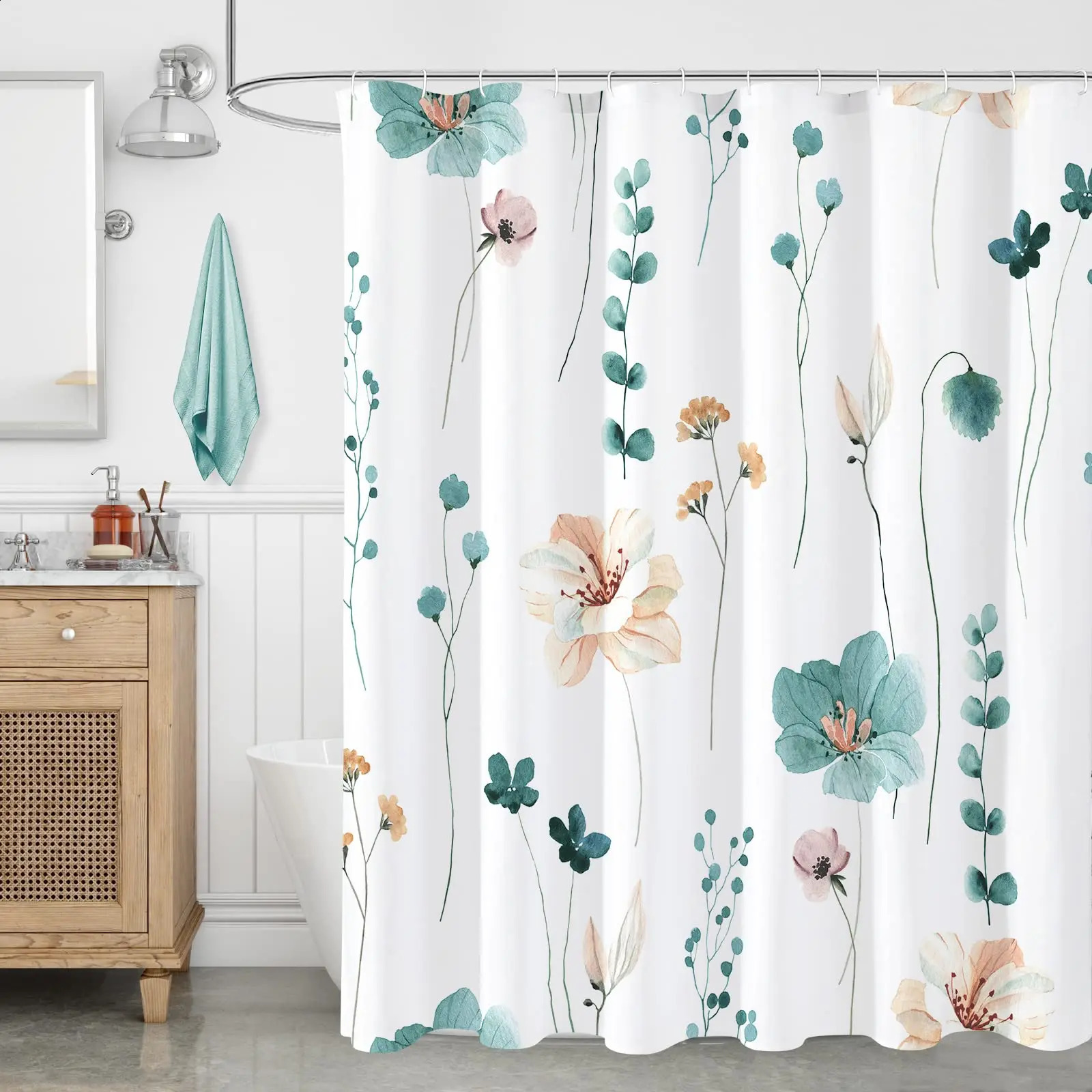 Yellow and Grey Floral Shower Curtain Watercolor Flower Bath Curtain for Bathroom Minimalist White Waterproof Fabric with Hook 240131