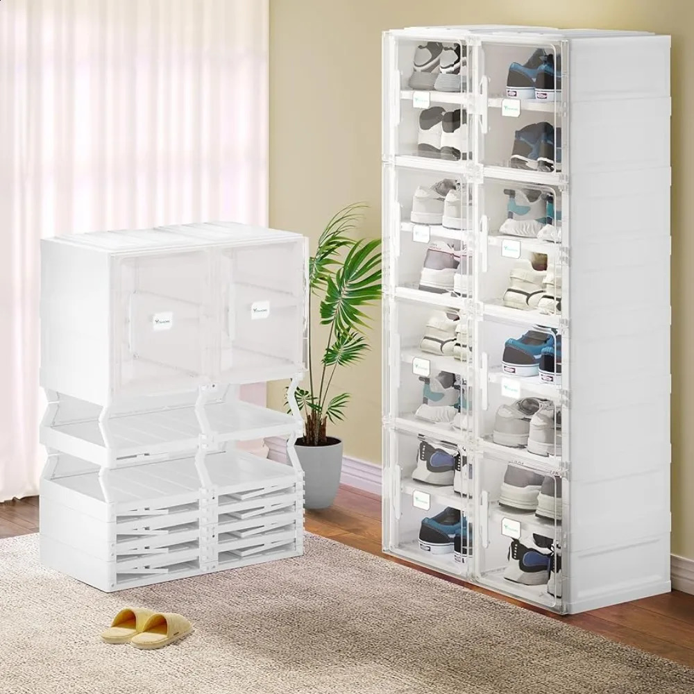 Shoe cabinet storage box folding shoe with door 216 compartment stackable transparent without installation 240130