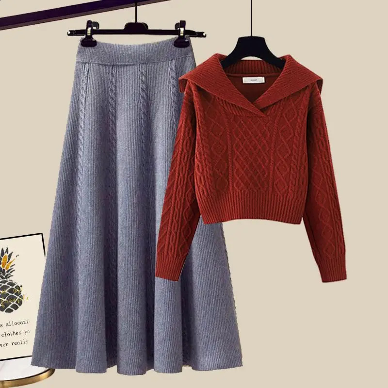 Grande conjunto feminino outono e inverno moda coreana camisola de malha fina meia saia duas peças 240202