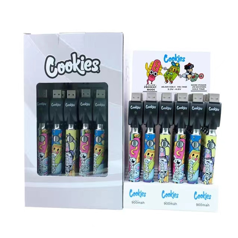 Cookies 30CT 900mAh Bottom Twist Battery Förvärm justerbar spänning VV 510 vagnar Kassettbatterier med USB -laddare 30 st en skärm en skärm