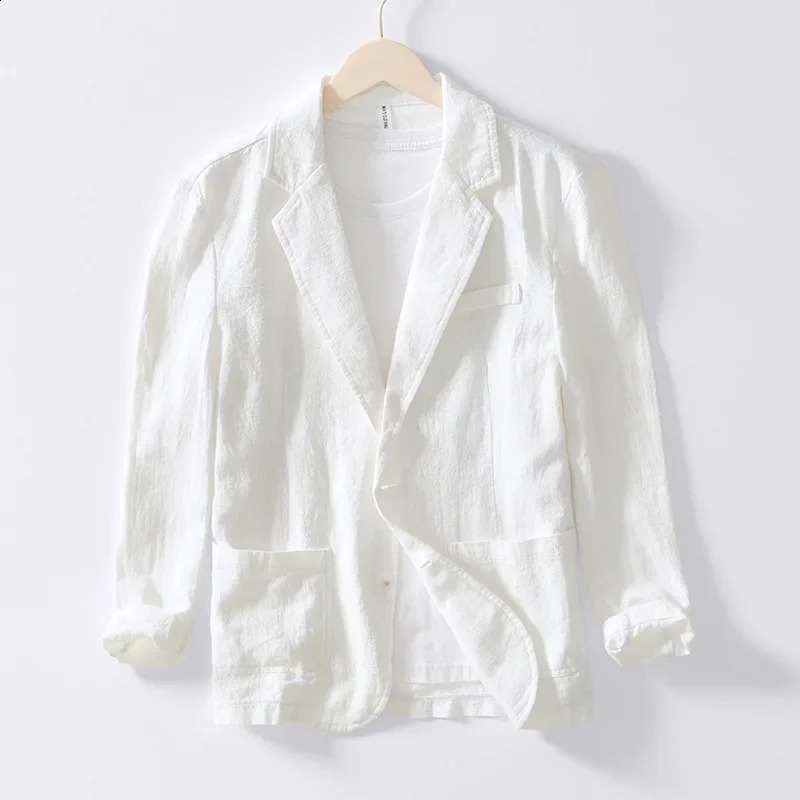 White Cotton Linen Suit Coat Mens Spring Summer Pure Color Slim Casual Business Thin Blazer Jacket Comfortable Breathable 240201