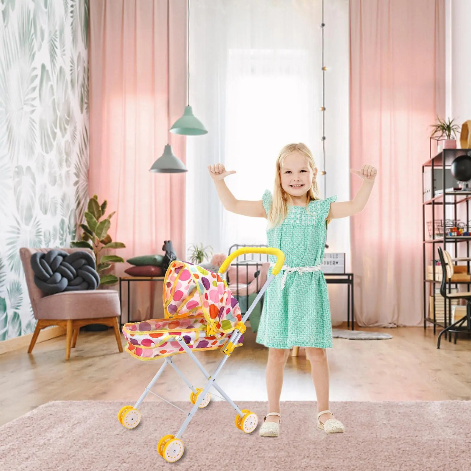 Bebê boneca carrinho role play menina jogando casa brinquedos boneca acessórios para bebês simulação boneca jantar cadeira de balanço carrinho 240123