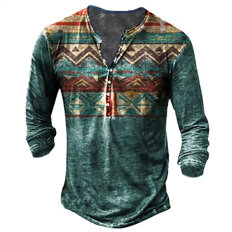 Vintage män t skjortor med knapp etnisk mönster sommar 3d tryck tees o hals långärmad bomull överdimensionerade tshirt manliga kläder 240130