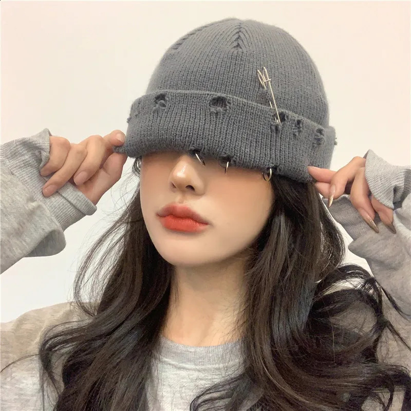 Inverno harajuku y2k gorros de malha chapéu feminino moda quente grosso gorro homens hip hop pino buraco crânio curto chapéu unisex básico boné 240202